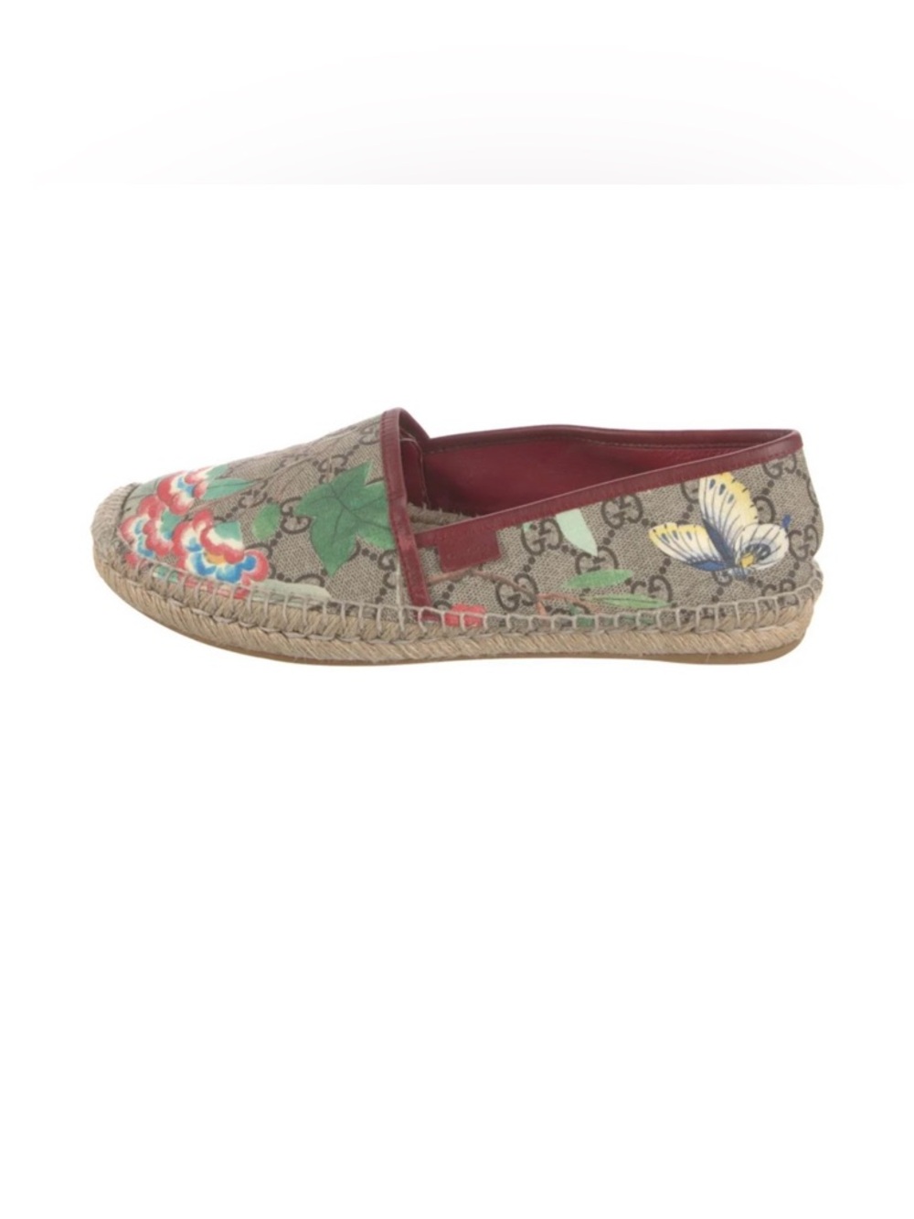 Gucci Brown GG Canvas Floral & Butterfly Espadrille with Burgundy Trim - Picture 1 of 5